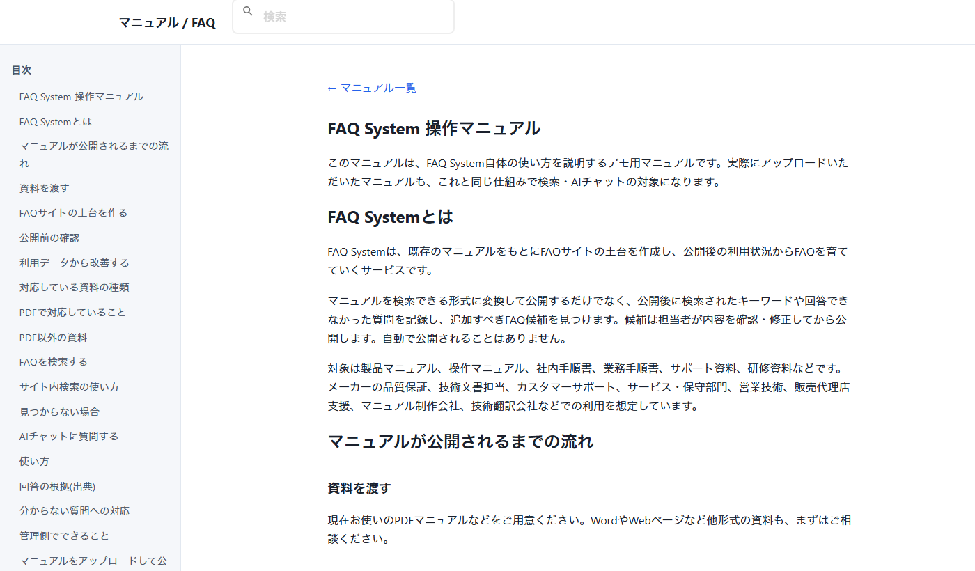 FAQ Systemで公開した操作マニュアルの実際の画面。検索窓、目次、本文が表示されている